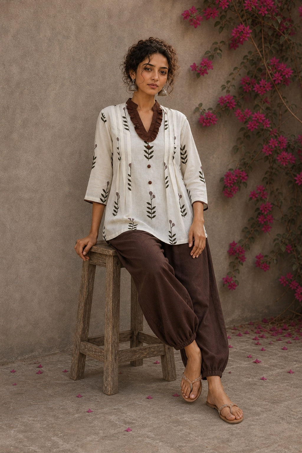 Off-white floral printed top with brown ruffled collar, button front, tie-up sleeves, tassel details, and contrast accents.