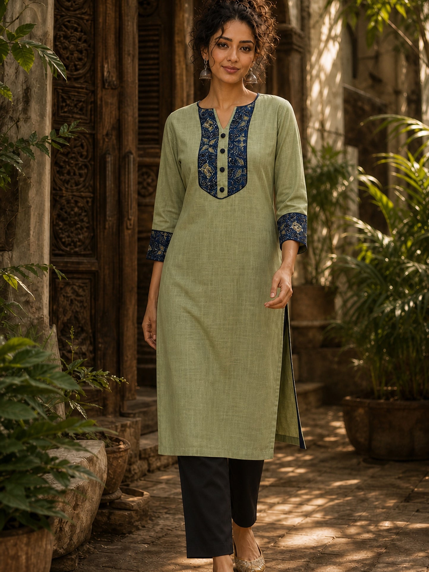 Sage Green Cotton Kurta with Ajrakh Yoke Panel & Matching Cuff Band