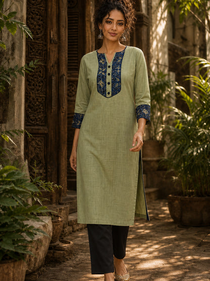 Sage Green Cotton Kurta with Ajrakh Yoke Panel & Matching Cuff Band
