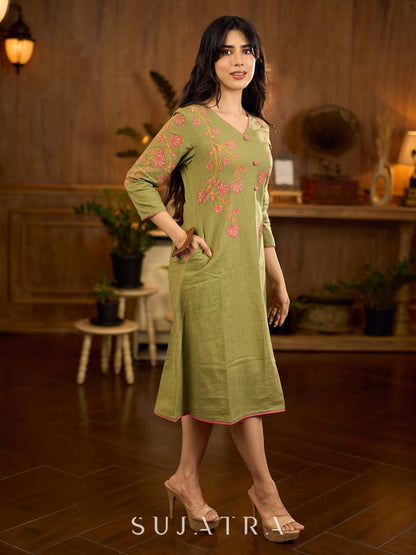 Muted pista hand block printed dress with delicate cascading hand block floral motifs and soft pink accents for a graceful, elegant, and refreshing everyday look.