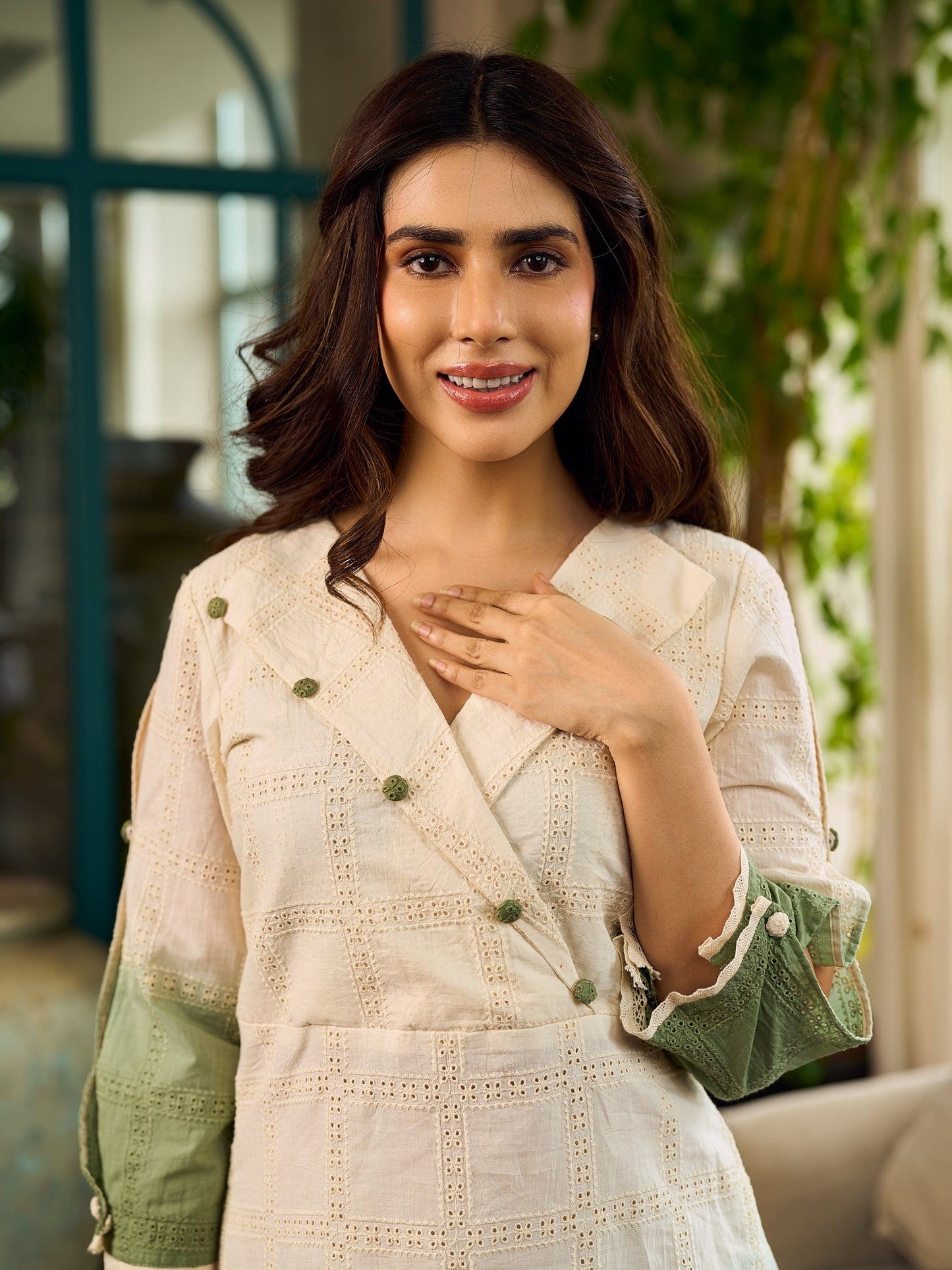 Serene ivory and sage green ombré overlap hakoba dress with olive button accents.
