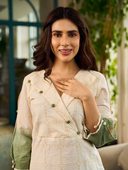 Serene ivory and sage green ombré overlap hakoba dress with olive button accents.