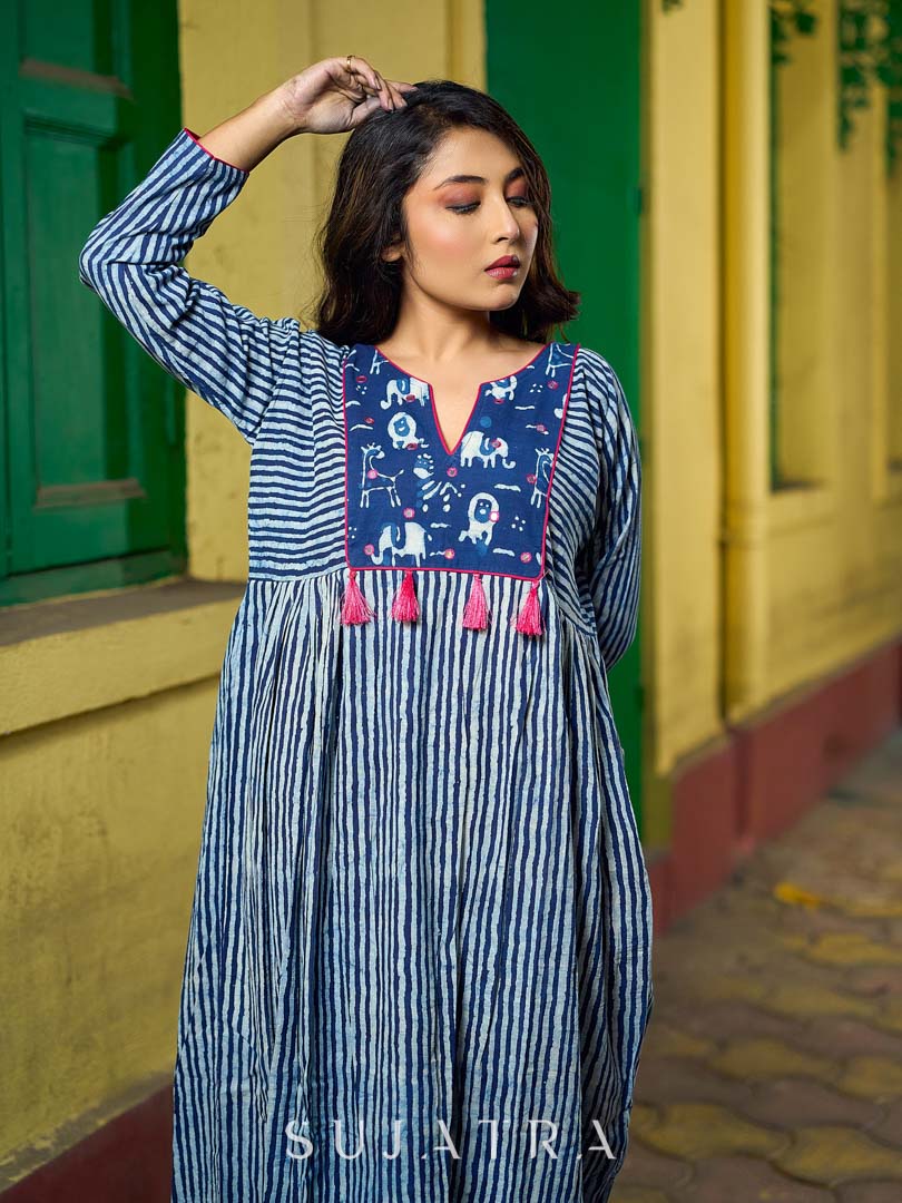 Contemporary Indigo Striped Kurta Featuring Animal Patch Detail, Drop Shoulders and Magenta Mirror Accents