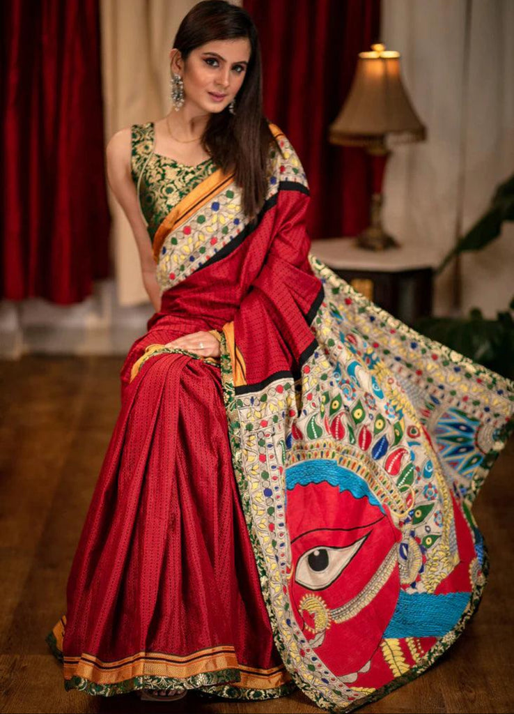 Maroon khun saree with exclusive hand painted madhubani pallu and border