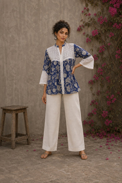 Blue floral Jaipur-printed top with statement hakoba panels and delicate white lace accents.