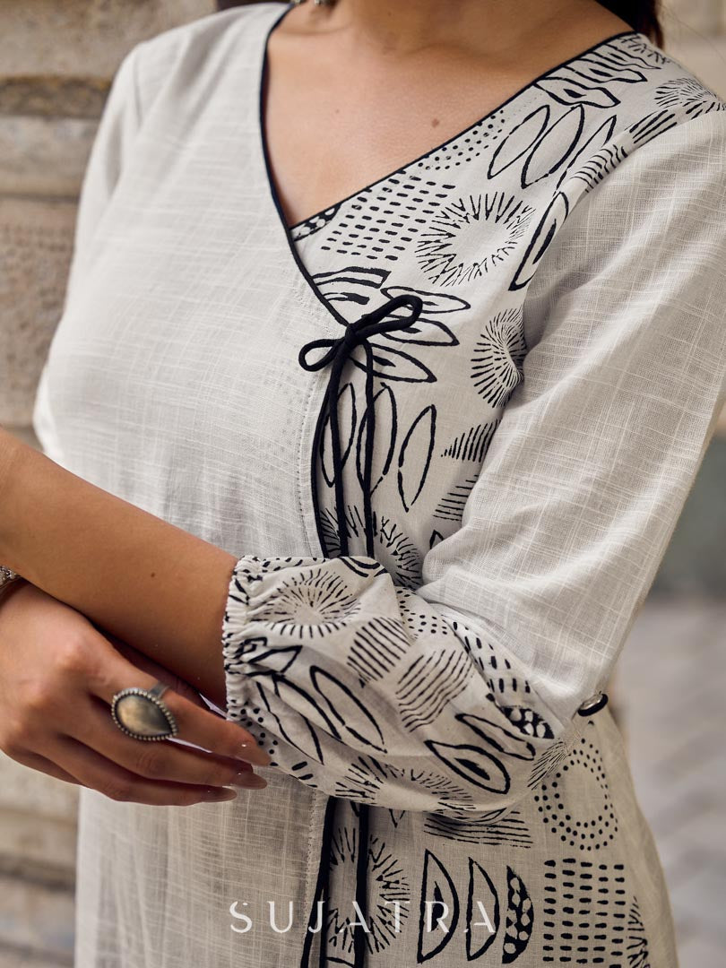 Minimal White Straight Kurta with Monochrome Printed Angrakha Panel & Printed Cuffs