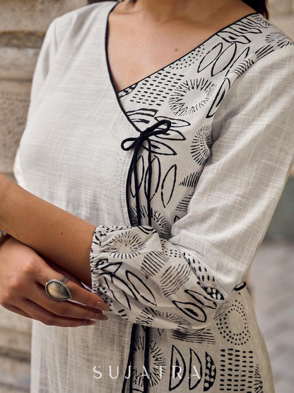 Minimal White Straight Kurta with Monochrome Printed Angrakha Panel & Printed Cuffs
