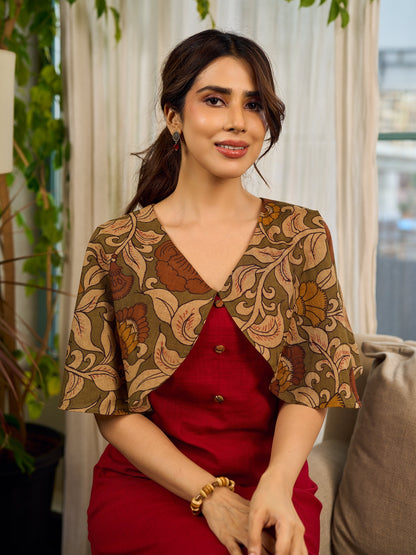 Elegant maroon dress featuring an attached artisan Kalamkari shoulder cape.