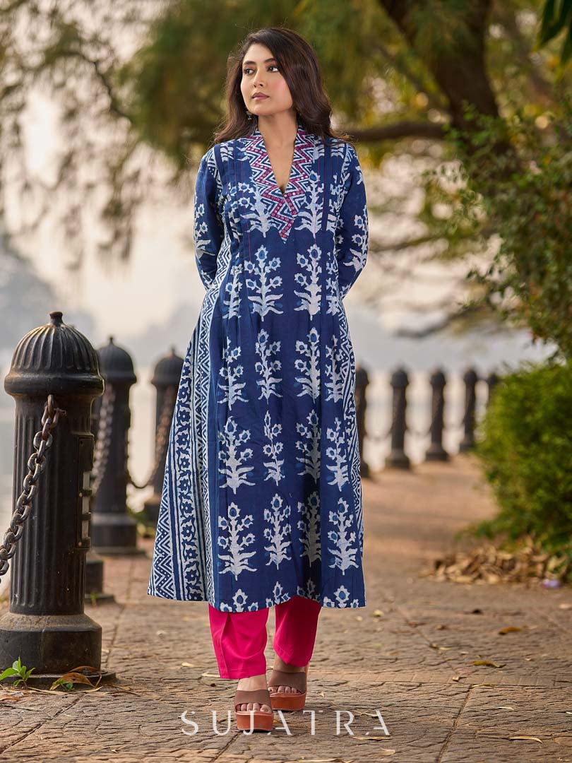 Indigo Floral Kurta with Playful Stripe Print and Magenta Hand Mirror Work on Overlapping Neckline