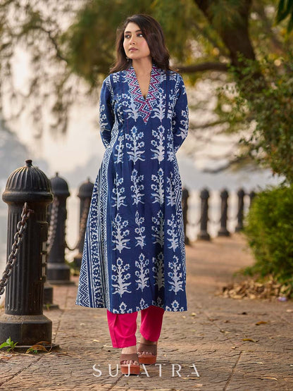 Indigo Floral Kurta with Playful Stripe Print and Magenta Hand Mirror Work on Overlapping Neckline