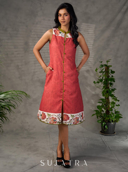 Rust floral vine printed shirt dress with olive accents