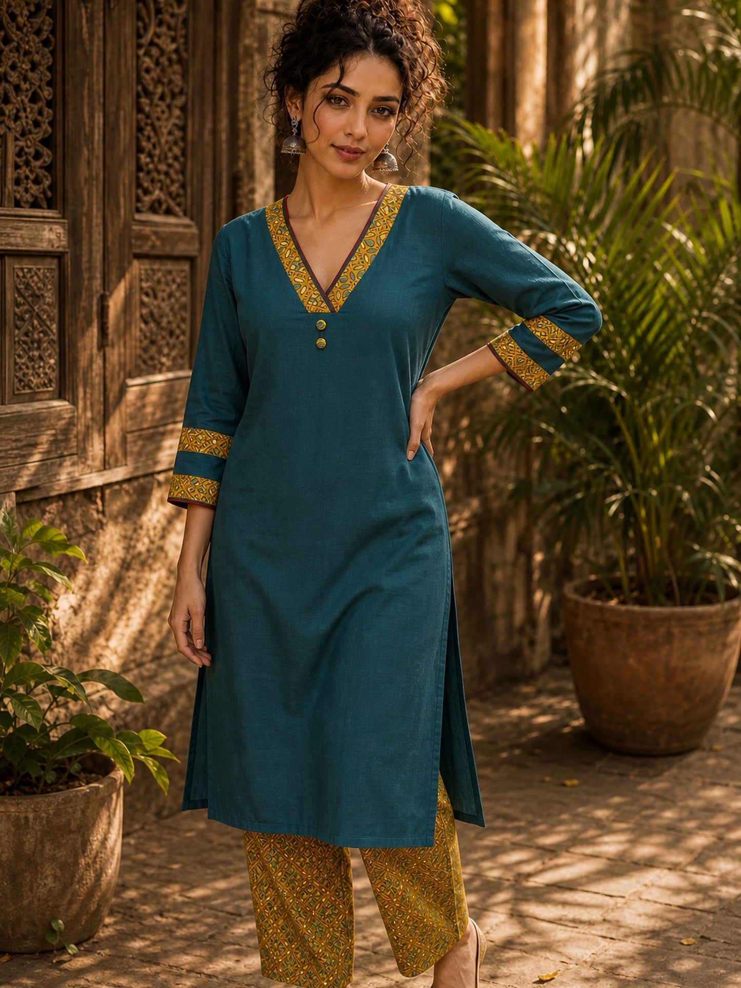 Classic Teal Cotton Kurta with Ajrakh Printed V-Yoke & Double Cuff Band Detail