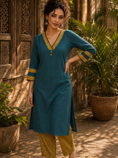 Classic Teal Cotton Kurta with Ajrakh Printed V-Yoke & Double Cuff Band Detail