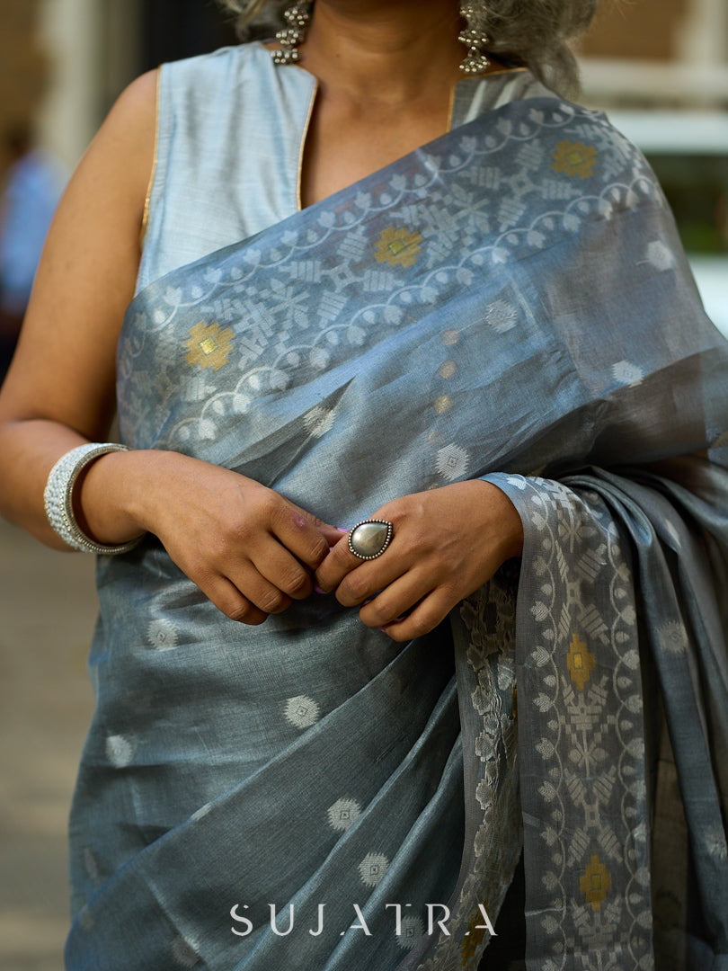 Classic Grey Silk Jamdani Saree with Woven Polka Dot Motifs & Contrast White Floral Pallu Border