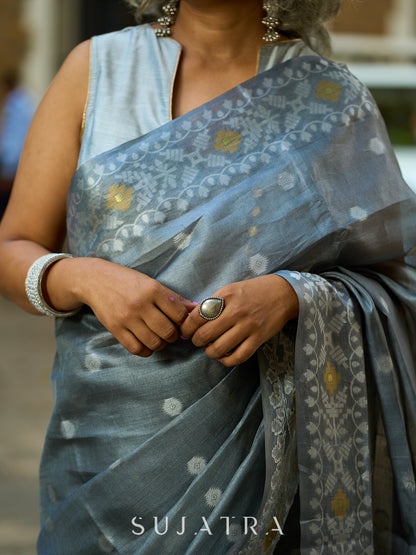 Classic Grey Silk Jamdani Saree with Woven Polka Dot Motifs & Contrast White Floral Pallu Border