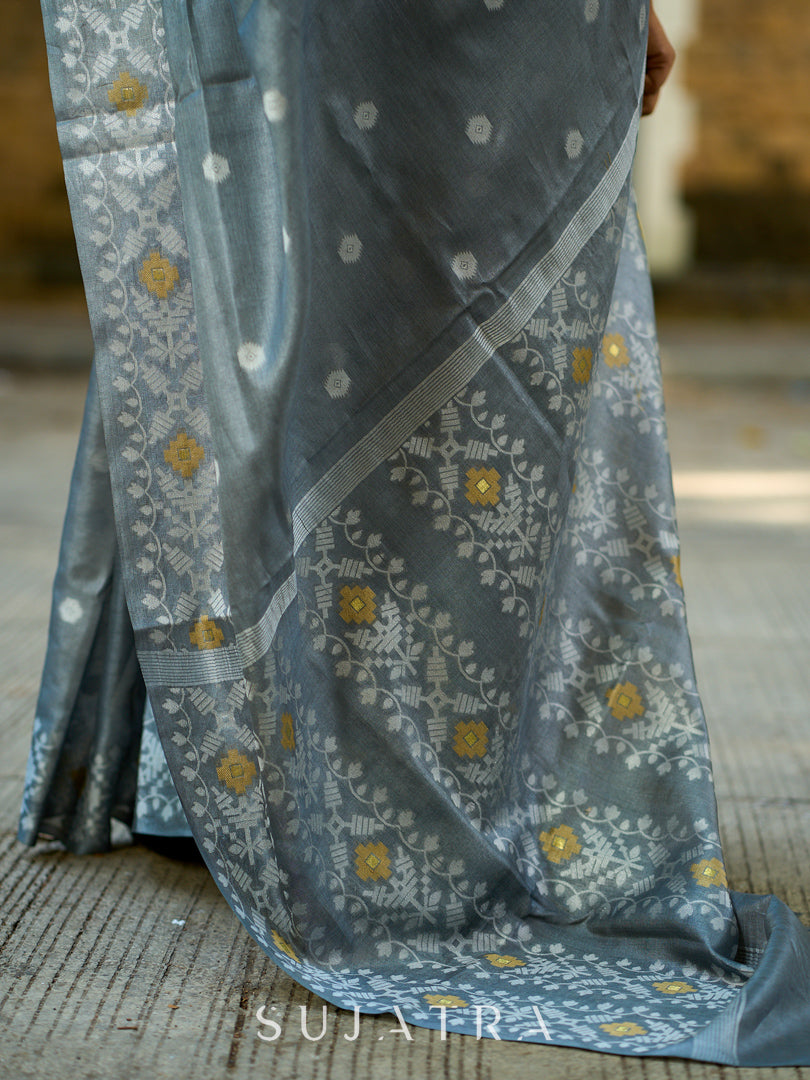 Classic Grey Silk Jamdani Saree with Woven Polka Dot Motifs & Contrast White Floral Pallu Border