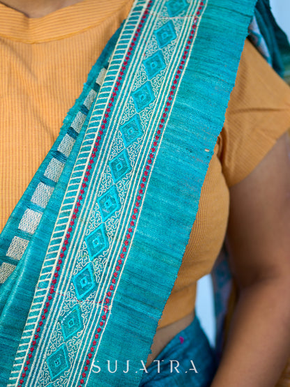Elegant Blue Handloom Ghicha Silk Saree with Contrast Woven Border & Geometric Pallu Design