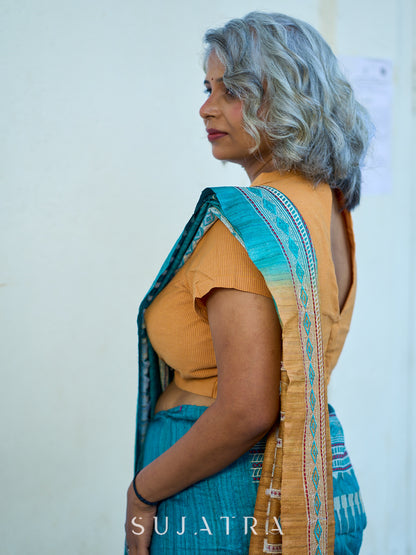 Elegant Blue Handloom Ghicha Silk Saree with Contrast Woven Border & Geometric Pallu Design