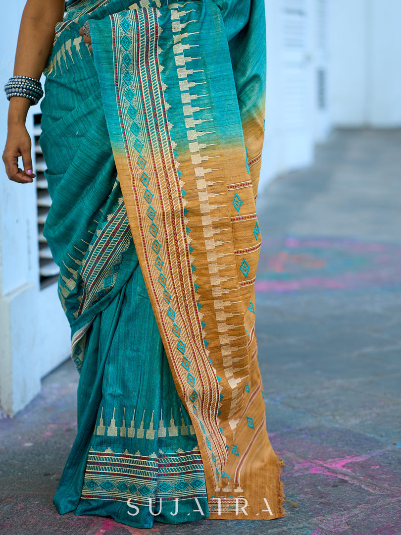 Elegant Blue Handloom Ghicha Silk Saree with Contrast Woven Border & Geometric Pallu Design