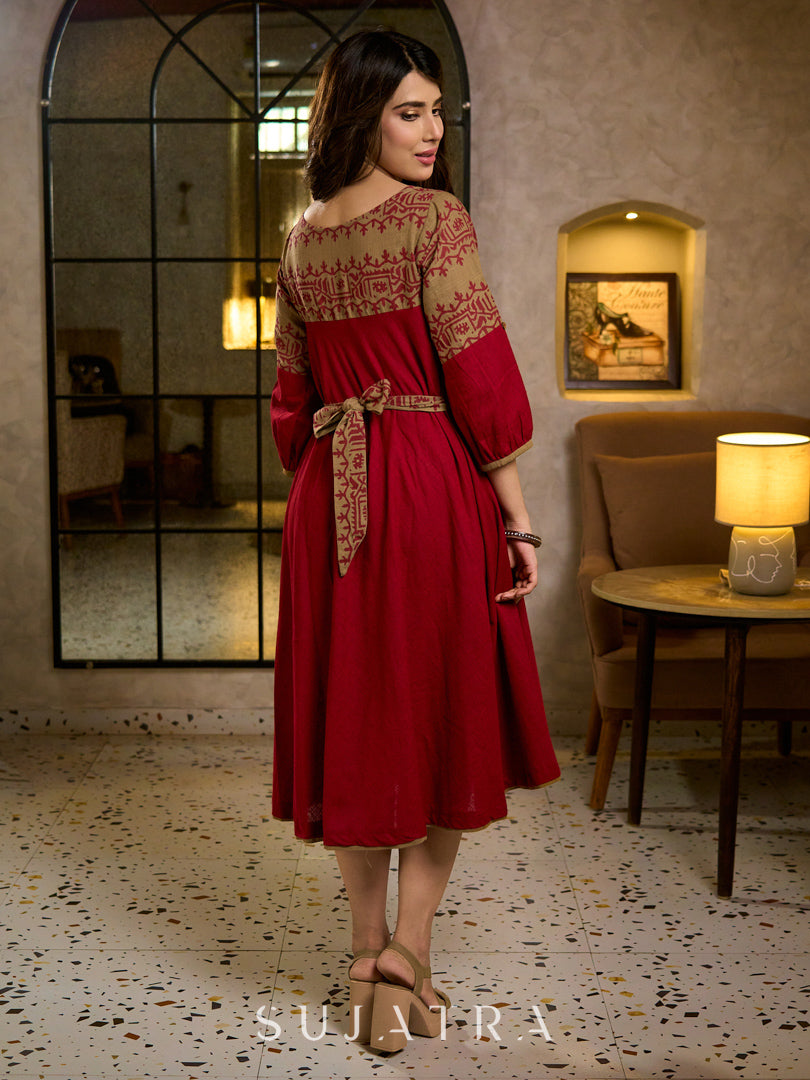 Classic Maroon & Beige Cotton Dress with Jamdani Inspired Hand Block Printed Border and Tie-Up Belt