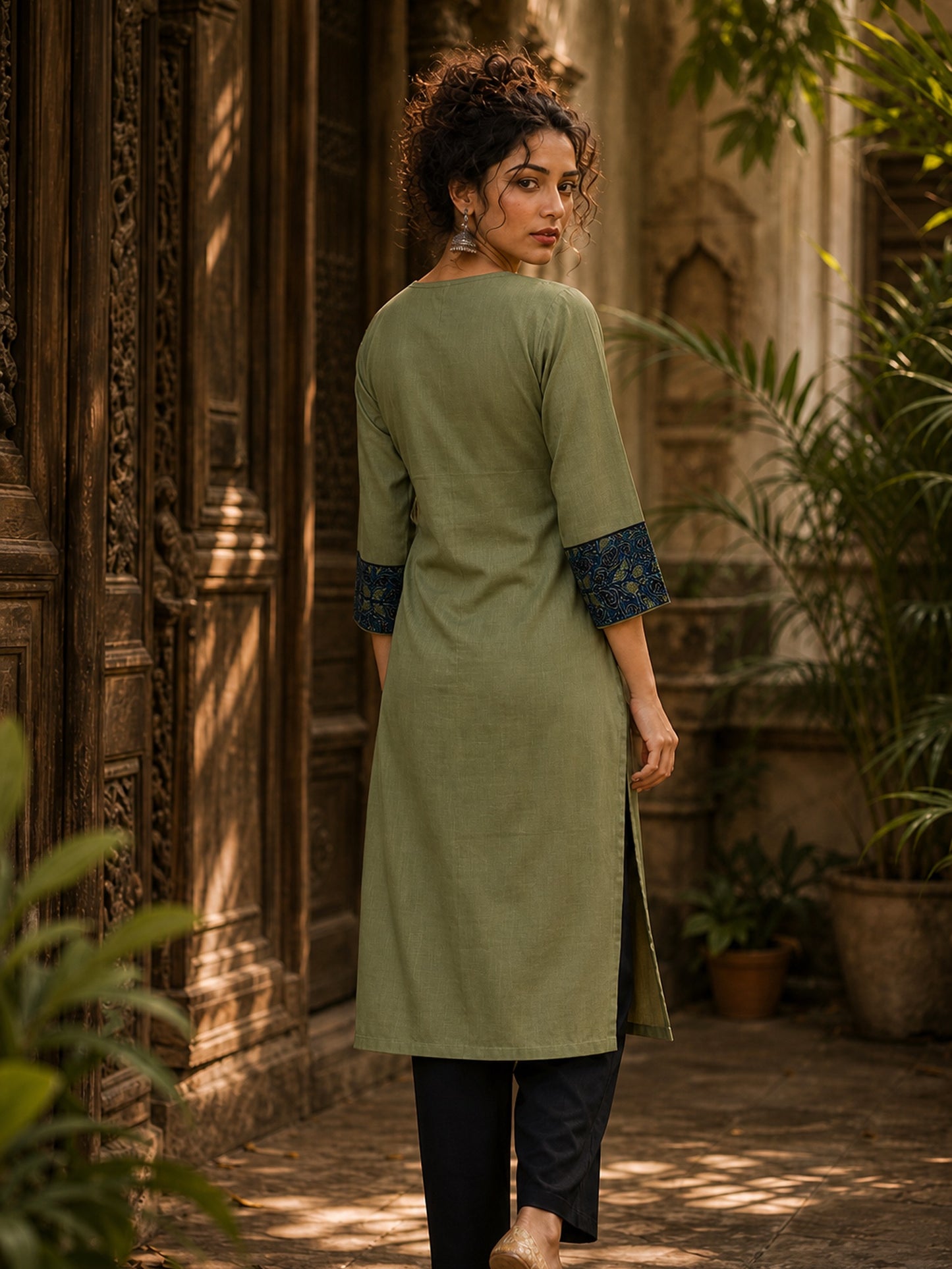 Sage Green Cotton Kurta with Ajrakh Yoke Panel & Matching Cuff Band
