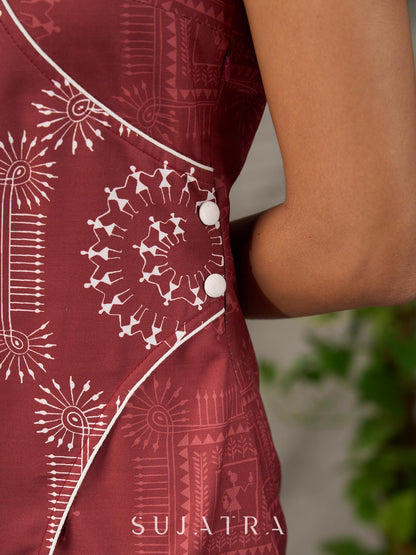 Terracotta warli printed overlap dress with off white accents