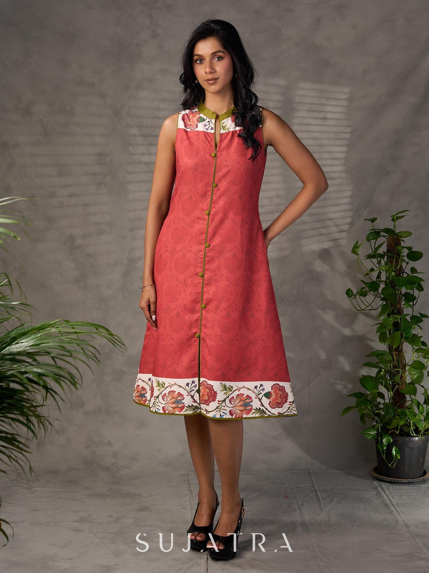 Rust floral vine printed shirt dress with olive accents