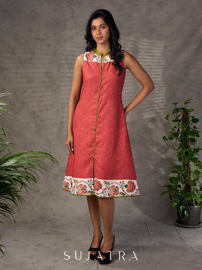 Rust floral vine printed shirt dress with olive accents