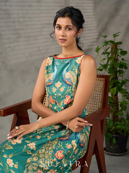 Green peacock motif printed dress with straight neckline and orange accents