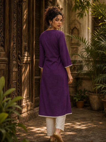 Deep Purple Kurta with White Crochet Lace Yoke Border & Sleeve Cuff Detail