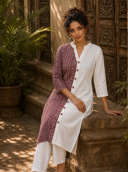 Vivid Dusty Pink & Ivory Half & Half Kurta with Tribal Print Panel & Contrast Button Placket