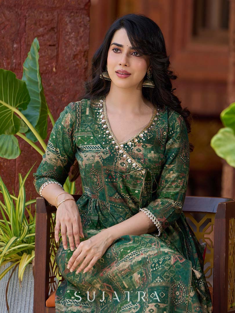 Rich bottle green printed Angrakha with a finely hand-embroidered neckline and soft beige accents. - Pant Optional