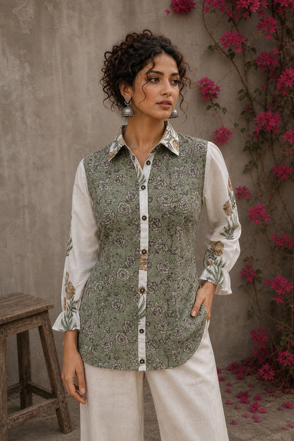 Off-white cotton shirt with pastel green Jaipur jaal print body and contrasting motif-printed sleeves.