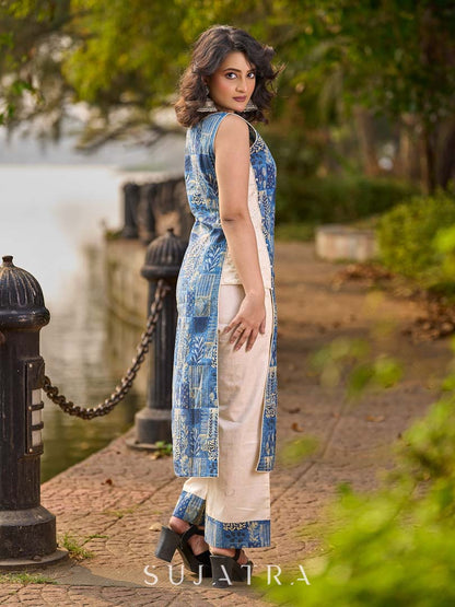 Indigo Abstract Printed Kurta with Side Cut Panels, Hakoba Inserts and Pearl Embellishments