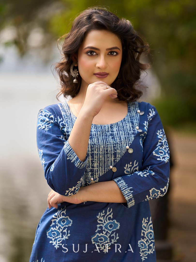 Indigo Bloom Print Kurta with Asymmetric Stripe Panel and Coin Embellishments