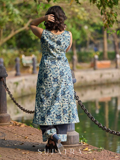 Artisan Indigo Floral Kurta with Black Mirror Work and Pleated Yoke Silhouette