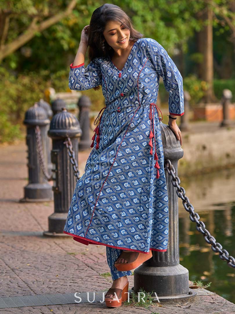 Indigo Printed A-Line Kurta with Waist-Defining Side Strings and Maroon Detailing