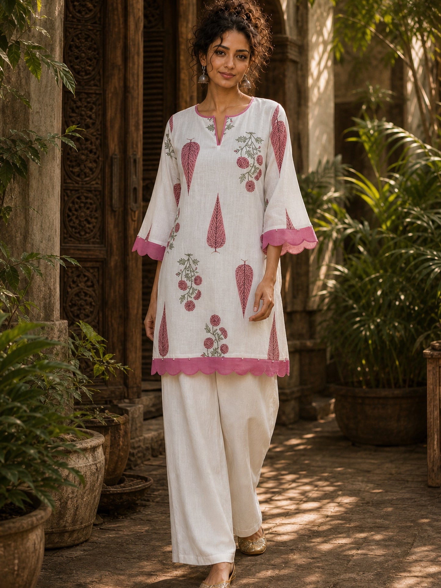 Ivory Straight Cotton Short Kurta with Pink Botanical Block Print & Contrast Scalloped Hem & Sleeve Cuffs