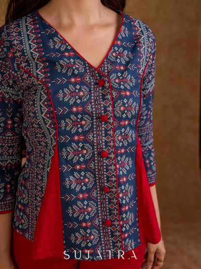 Classic navy blue printed jacket with flared panels and bold red accents, offering a structured yet dynamic silhouette with refined detailing, ideal for polished, elevated corporate styling.