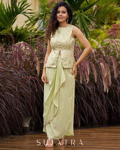 Pastel Green Festive Drape Skirt with Brocade Top