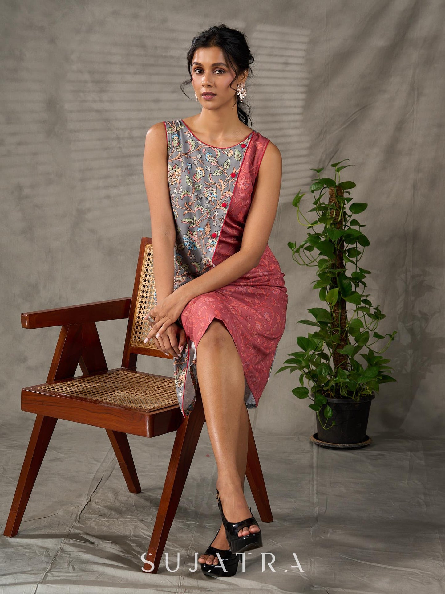 Grey and Rust Kalamkari inspired floral vine printed overlap dress with red accents