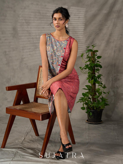 Grey and Rust Kalamkari inspired floral vine printed overlap dress with red accents