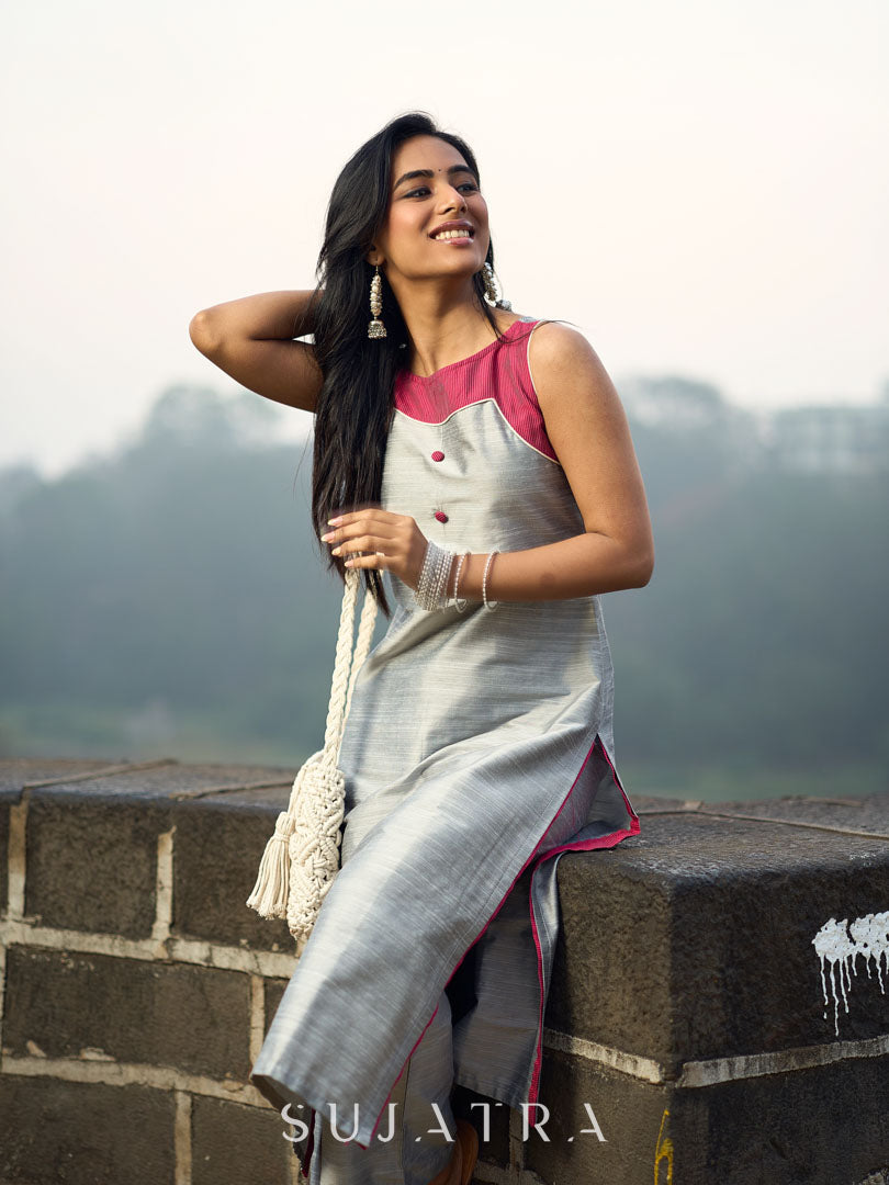 Grey Cotton Silk Sleeveless Kurta with Rose Pink Yoke and Button Detail