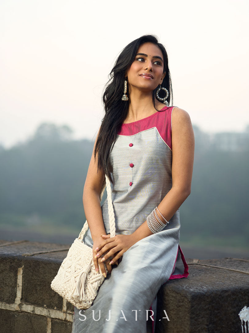 Grey Cotton Silk Sleeveless Kurta with Rose Pink Yoke and Button Detail