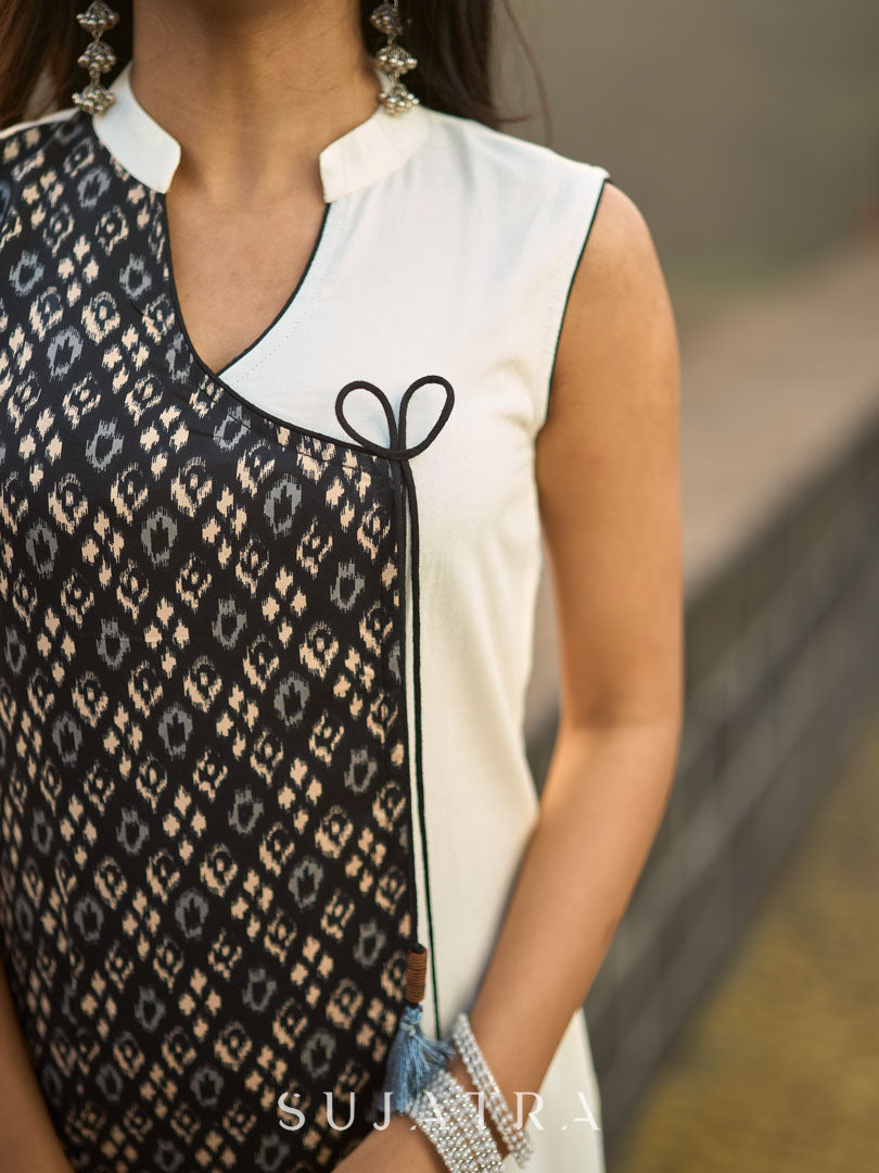 Elegant Sleeveless Black & White Viscose Rayon Angarkha Kurti with Collar - Pant Optional