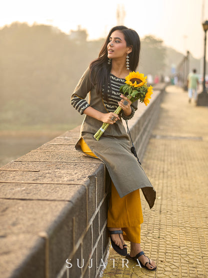 Stylish Grey Cotton Pleated Kurta with Artful Printed Yoke, Cuff Design & Contrast Mustard Piping