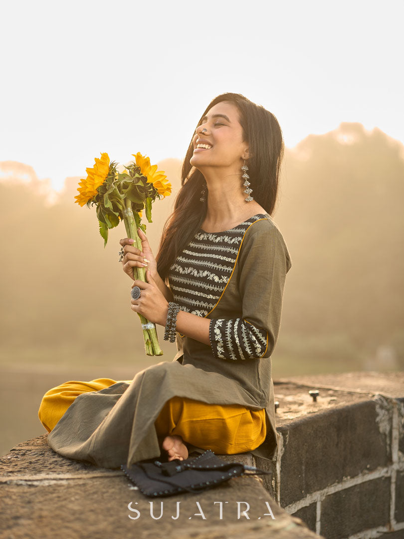 Stylish Grey Cotton Pleated Kurta with Artful Printed Yoke, Cuff Design & Contrast Mustard Piping