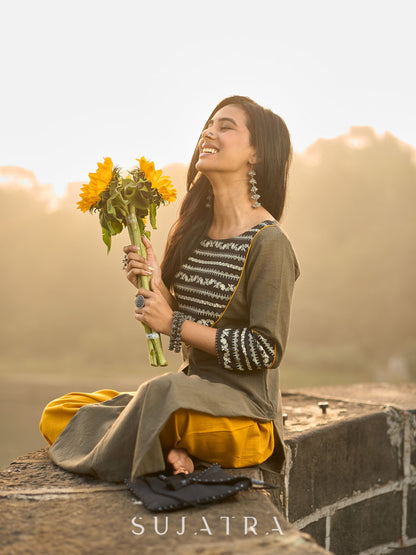 Stylish Grey Cotton Pleated Kurta with Artful Printed Yoke, Cuff Design & Contrast Mustard Piping