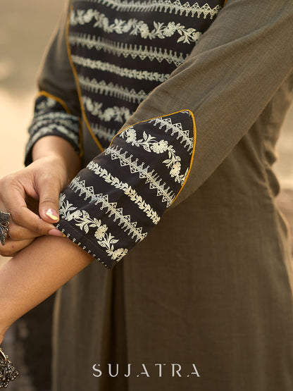 Stylish Grey Cotton Pleated Kurta with Artful Printed Yoke, Cuff Design & Contrast Mustard Piping