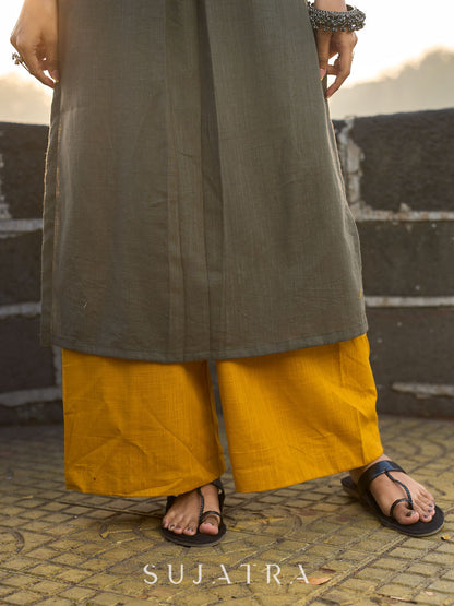 Stylish Grey Cotton Pleated Kurta with Artful Printed Yoke, Cuff Design & Contrast Mustard Piping